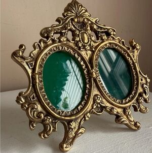 2 Vintage Victorian Double Tabletop Oval Brass Picture Frames 2" * 3" pics - NIB